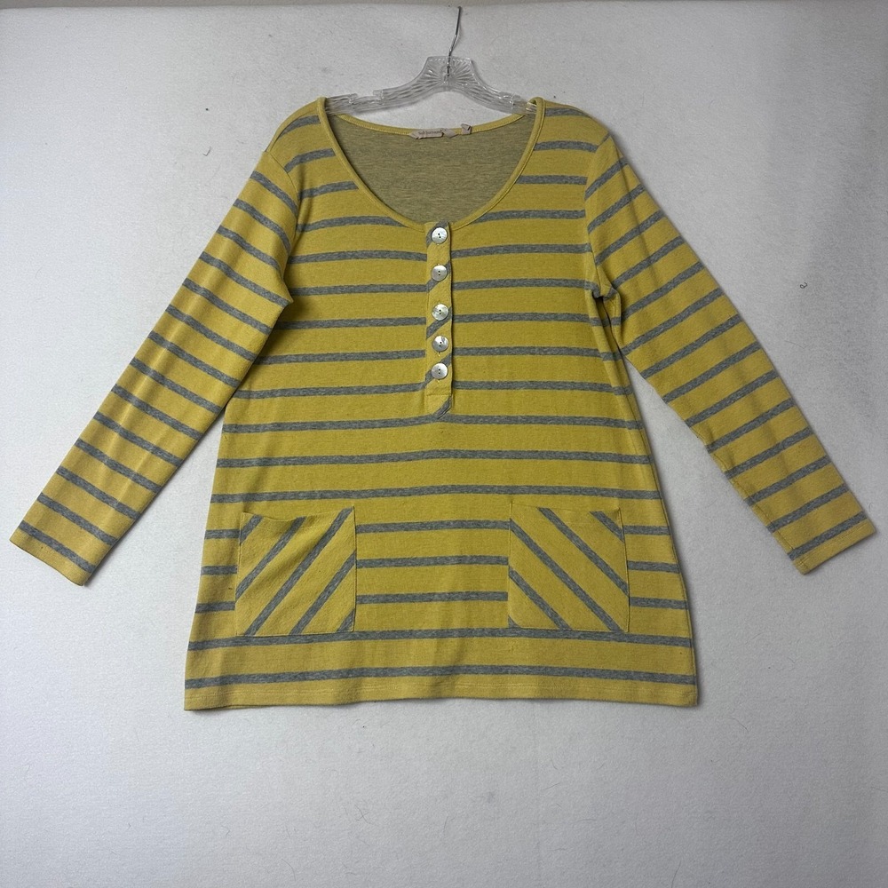 Soft Surroundings Yellow Grey‎ Striped Henley Tunic Top Pockets Small 2CC50